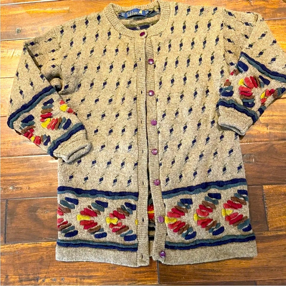 Tulchan vintage wool cardigan embroidered chunky Knit size one size -S/M from UK
